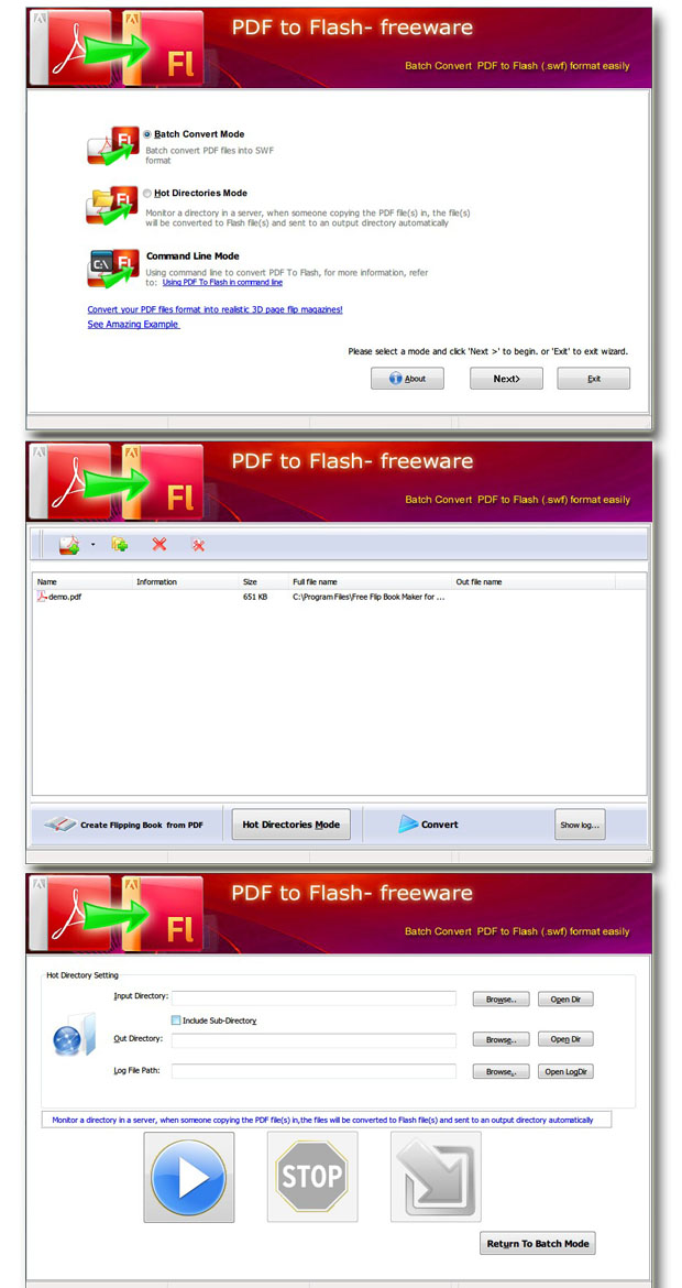 screenshots of using PDF to Flipping Book flash free